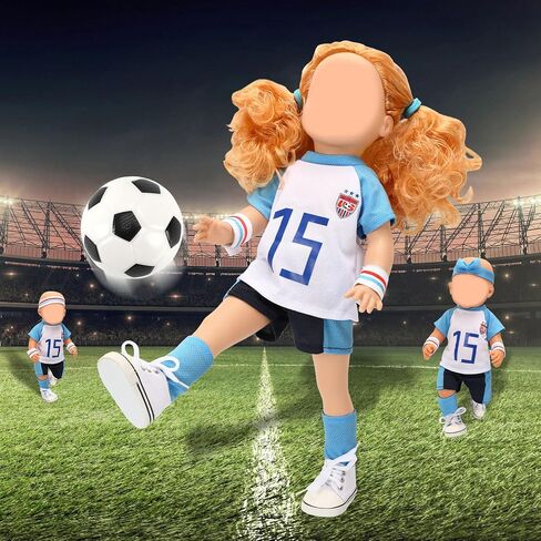 UPINS 18 Inch Girl Doll Clothes Accessories Team USA 8 Piece Soccer Uniform Clothing Includes Headband, Hair Bands, Bracers, Shirt, Shorts, Socks, Shoes and Football Fits for Children's Day in Saudi Arabia