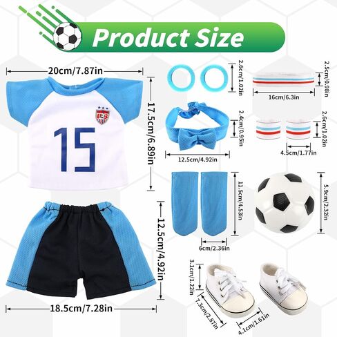 UPINS 18 Inch Girl Doll Clothes Accessories Team USA 8 Piece Soccer Uniform Clothing Includes Headband, Hair Bands, Bracers, Shirt, Shorts, Socks, Shoes and Football Fits for Children's Day in Saudi Arabia