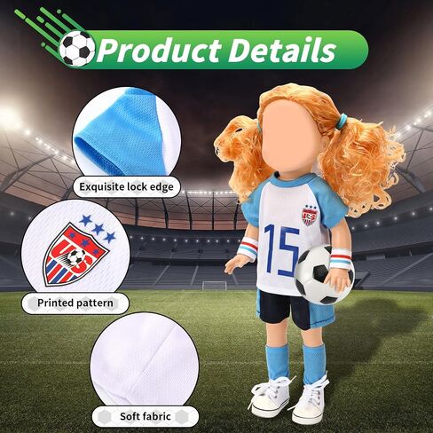UPINS 18 Inch Girl Doll Clothes Accessories Team USA 8 Piece Soccer Uniform Clothing Includes Headband, Hair Bands, Bracers, Shirt, Shorts, Socks, Shoes and Football Fits for Children's Day in Saudi Arabia