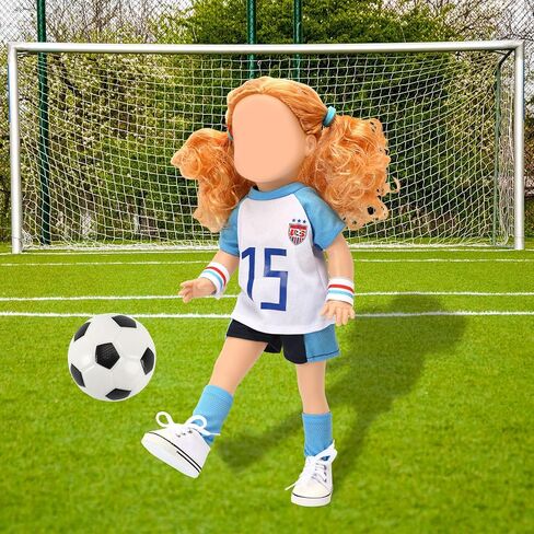UPINS 18 Inch Girl Doll Clothes Accessories Team USA 8 Piece Soccer Uniform Clothing Includes Headband, Hair Bands, Bracers, Shirt, Shorts, Socks, Shoes and Football Fits for Children's Day in Saudi Arabia