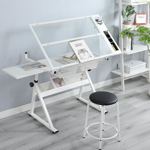 Drafting Drawing Desk with Chair Printing Table for Reading Writing Painting Versatile Art Craft Work Station White 63.87 1 Rectangular Stainless Steel in Kuwait