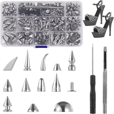 مسامير ذات أشكال مختلطة 270 مجموعة، 12 نمطًا من المسامير والأزرار الفضية اللون، مسامير مخروطية من سبائك الزنك، إكسسوارات ملابس البانك روك، مسامير معدنية لحقائب الملابس والأحذية والحقائب الجلدية in Kuwait