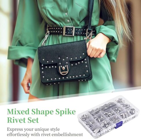 مسامير ذات أشكال مختلطة 270 مجموعة، 12 نمطًا من المسامير والأزرار الفضية اللون، مسامير مخروطية من سبائك الزنك، إكسسوارات ملابس البانك روك، مسامير معدنية لحقائب الملابس والأحذية والحقائب الجلدية in Kuwait