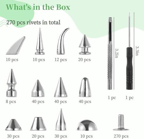 مسامير ذات أشكال مختلطة 270 مجموعة، 12 نمطًا من المسامير والأزرار الفضية اللون، مسامير مخروطية من سبائك الزنك، إكسسوارات ملابس البانك روك، مسامير معدنية لحقائب الملابس والأحذية والحقائب الجلدية in Kuwait
