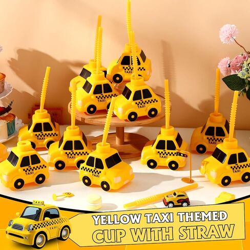 Tanlade 12 Set Taxi Car Cups with Straws for Vehicle Birthday Party Favor Gift Supplies,10oz Plastic Yellow Taxi Shape Cup Reusable Birthday Favor for Car Taxi Vehicle Birthday Party Decoration in Saudi Arabia