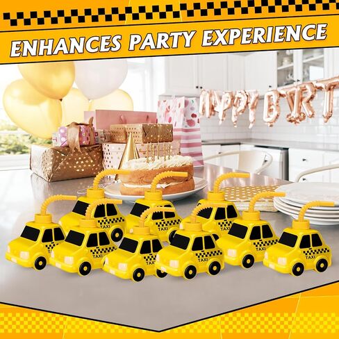 Tanlade 12 Set Taxi Car Cups with Straws for Vehicle Birthday Party Favor Gift Supplies,10oz Plastic Yellow Taxi Shape Cup Reusable Birthday Favor for Car Taxi Vehicle Birthday Party Decoration in Saudi Arabia