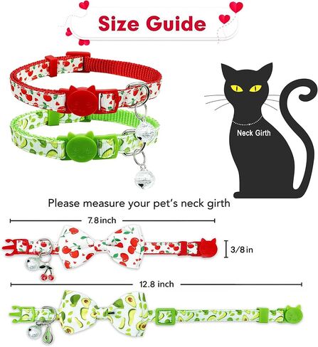 pohshido 2 حزمة طوق القط مع ربطة عنق وجرس، كيتي هريرة الصيف الكرز والأفوكادو طوق الانفصالية للذكور الإناث الفتيان والفتيات القطط (الكرز + الأفوكادو) in Saudi Arabia