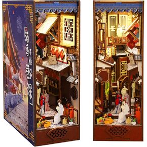 Roroom DIY Book Nook Kit, DIY Dollhouse Booknook Bookshelf Insert Decor Alley,with Music Box 3D Wooden Puzzle with Sensor Light Book Nook Bookshelf Insert Wood Bookend Model Building(SL-07)