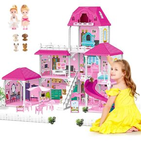 deAO Dolls House for Girls Toys,3 Stories 8 Rooms with 2 Dolls,4 Puppy Toys,Dollhouse Furniture & Accessories, for for 3 4 5 6 Girls Boys Toys