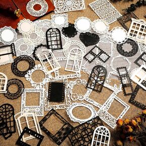 Geosar 120 Pcs Scrapbook Cutouts Paper Lace Vintage Scrapbooking Supplies Pack Filmstrip Round Lace Frame Paper Mini DIY Craft Paper for Junk Journaling Album Supplies (White Black)