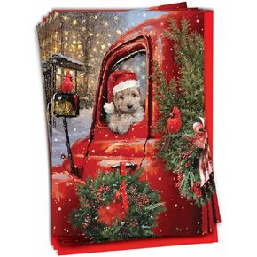 The Best Card Company 12 Christmas Greeting Cards Boxed Set with 5 x 7 Inch Envelopes (1 Design, 12 Each) Red Truck Puppies C3375EXSG-B12x1