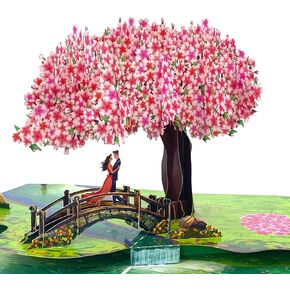 Pop Up Anniversary Cards 3D Cherry Blossom Bridge with Couple in Love, Romantic Greeting Card for Wife, Husband, Her, Him, Wedding Card, Happy Valentine’s Day, 6"x 8" Happy Mother’s Day Pop Up Card
