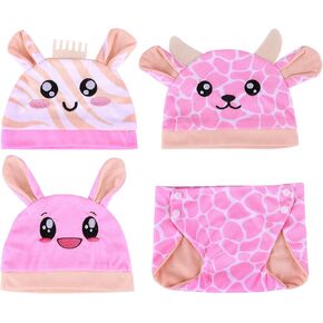 BABESIDE 4 Pcs Baby Doll Accessories Set - Doll Clothes Outfit Hat and Diaper for 17-22 Inches Dolls, Animal Style Pink Doll Hat, Reborn Baby Doll Accessories for Newborn Baby Doll Boy&Girl