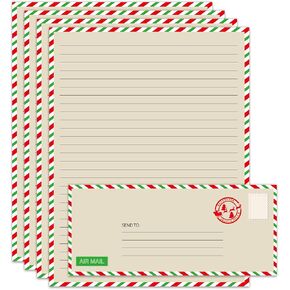 100Pcs Christmas Vintage Airmail Stationery Paper Set Red Green Border Lined Letter Writing Paper with Envelopes for Xmas Invitation Card Office Printing, 8.5" x 11"
