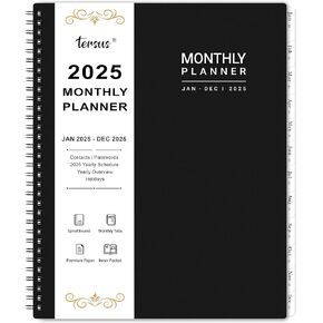 2025 Monthly Planner - Monthly Planner 2025, JAN 2025 - DEC 2025, 8.9" x 11.1" Monthly Calendar Planner 2025, Monthly Tabs, Premium Paper, Black