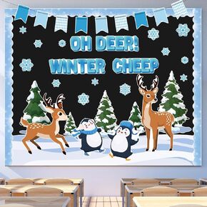 Frienda 65 Pcs Winter Reindeer Bulletin Board Decoration Set Reindeer Penguin Snowflake Paper Cutouts Winter Deer Classroom Decorations Christmas Bulletin Board for Xmas Holiday School Wall Door