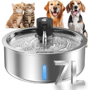 Dog Water Fountain, 7L/1.8G/236oz Stainless Steel Dog Water Fountain for Large Dogs, Dog Water Bowl Dispenser, Super Quiet Pump and Replacement Filters for Cats and Dogs