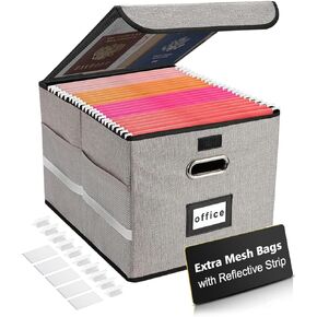 Upgraded Portable File Organizer Box with Lid & Mesh Bags, Collapsible File Box with Reflective Strip & 10 Tabs for Hanging Letter/Legal Folder Storage, Decorative Home/Office Filing Cabinet (Gray)