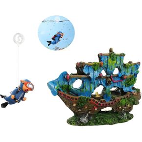 Aquarium Shipwreck Decoration + Little Diver Floating Fish Tank Decoration, Fish Tank Hideout, Fish Tank Ornaments (Blue Shipwreck)