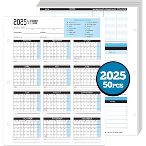 Gueevin 50 Sheets 2025 Attendance Calendar 8.5x11 Inch Attendance Calendar Cards Work Employee Tracker for 3 Hole Binder Folders Time Cards for Employee Office Manager Hr Record(Blue)
