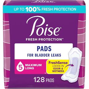 Poise Incontinence Pads & Postpartum Incontinence Pads, 5 Drop Maximum Absorbency, Long Length, 128 Count, Packaging May Vary