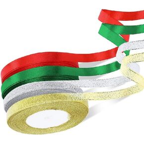 4 Rolls Christmas Ribbons,0.4" x 25Yards Each Roll,Metallic Glitter Fabric Holiday Festival Satin Ribbons for Gift Wrapping, Bouquet, Wedding, Party Decoration