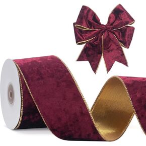 Olive Green Velvet Wired Ribbon, 2.5 Inch Crushed Velvet Ribbon with Gold Edge, Christmas Wired Ribbon for Gift Wrapping, Christmas Tree Decor, Wreath Supplies, Crafts Bow Making, 10Yards