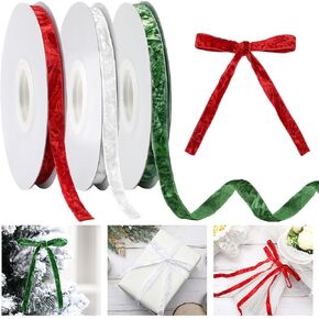 Chunyin Christmas Crushed Velvet Ribbon 3/8" x 30 Yards Thin Red White Green Velvet Ribbon Trim for Christmas Wreath Decoration Xmas Tree Ornaments Gift Wrapping Invitations Holiday Flower Bouquet