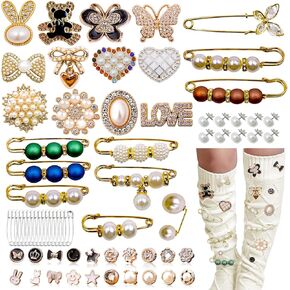 68 Pcs Charms for Socks - Junk Socks Charms Pins Kit for Women DIY Bling Safety Pins Bulk - Gold Brooch Pins, Pearl Rhinestone Pin, Sock Jewelry, Shoe Pins, Hats, Skirts, Pants Waistband Tights