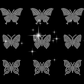 9 pcs Iron On Butterfly Rhinestone Applique Transfer DIY Heart T-Shirt Face Transfer Decal Glitter Crystal Pattern Decor (White)