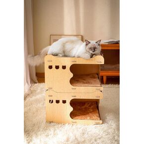 Detachable Wooden Cat House Corrugated Cat Scratch Board, Wear-Resistant Dust Free Vertical Double Layered Cat Nest