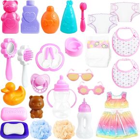 29 Pieces Baby Doll Accessories Baby Doll Feeding and Washing Set Baby Feeding Accessories Baby Doll Feeding Set Baby Doll Toys Baby Clothes and Diaper Bath Toys (Baby Doll Accessories)
