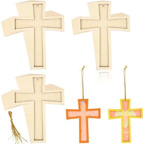 28 Pack Unfinished Wooden Cross Unpainted Wood Cross Layered Framed Cross with String for Adults and Kids Easter Projects Church DIY Crafts