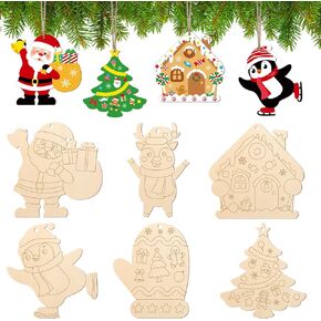 Sereliy 24 PCS Unfinished Wooden Christmas Ornaments, Christmas DIY Paintable Wood Craft Cutout for Christmas Tree Hanging Ornament Decorations (Xmas 6)