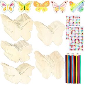 74 Pieces Unfinished Wooden Butterfly Set Includes 60 Pcs DIY Wood Butterfly 12 Colored Drawing Pencils 2 Pcs Crystal Diamond Stickers for Kids Adults Handmade Art Creation Family Games