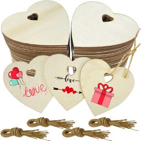 60 Pcs 3" Wooden Hearts for Crafts,Natural Heart Wood Love Heart Shape Slices with 60 Pcs Natural Twine for Party Valentine's Day, Wedding, Thanksgiving, Christmas