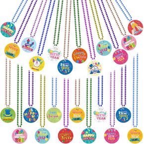 New Year Beads Necklaces with Pendant, 48pcs New Year Eve Neon Beads Necklaces Colorful Happy New Year Paper Pendant New Year Accessories 2025 for New Year Party Favors, 16 Styles