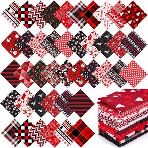 Hicarer 100 Pcs 5 x 5 Inches Christmas Precut Fabric Squares Black Red Cotton Craft Fabric Fat Quarters Snowman Santa Snowflake Fabric Scraps Bundles for Xmas DIY Craft Patchwork Sewing Quilting