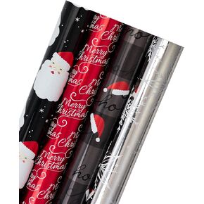 WRAPAHOLIC Christmas Wrapping Paper Roll - Black and Red Retro HO HO HO Santa, Silver Snowflake Holiday Collection with Metallic Foil Shine - 4 Rolls - 30 Inch X 120 Inch Per Roll