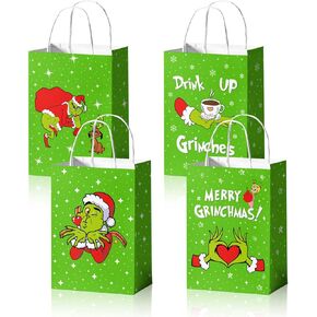 Reyoust 24PCS Green Christmas Gift Bags Xmas Funny Paper Bags with Handles Xmas Party Supplies Goodies Bag for Winter Holiday Wrapping Gift