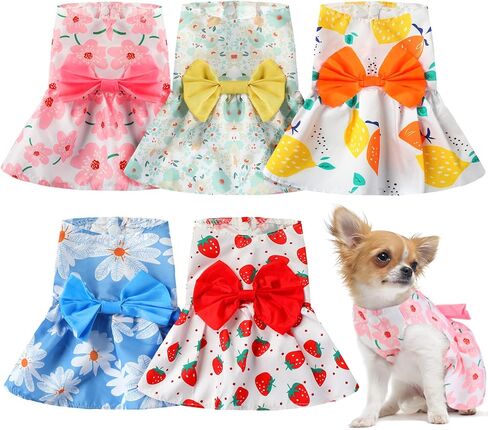 5 Pieces Dog Clothes Girl Dog Dresses Small Floral Puppy Dresses Pet Cat Princess Bowknot Clothes Cute Puppy Summer Outfits for Yorkie Female Cat Small Pets, 5 Styles(Cute Style,Small) in Kuwait
