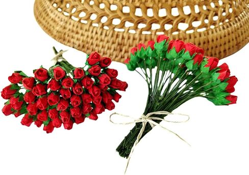 Mini Rose Bud Mulberry Paper Flower, Artificial Tiny Roses Flowers for Wedding Card Embellishment Scrapbook DIY Bouquet Crafts. (Red) in Kuwait
