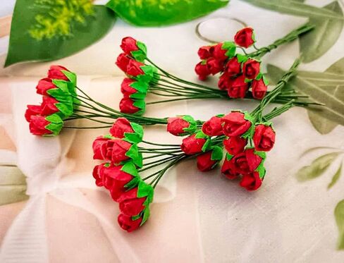 Mini Rose Bud Mulberry Paper Flower, Artificial Tiny Roses Flowers for Wedding Card Embellishment Scrapbook DIY Bouquet Crafts. (Red) in Kuwait
