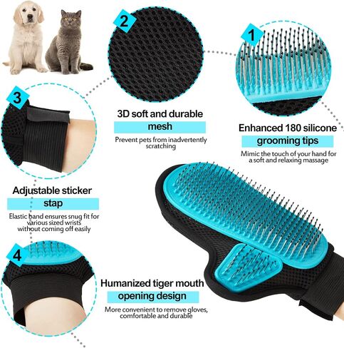 2024 Pet Grooming Glove with Tipped Pin Brush,Special Design Deshedding Glove, Massage Mitt, Perfect Petting Tool for Sensitive Dogs & Cats with Long & Medium Fur - Right-Hand - Blue in Saudi Arabia