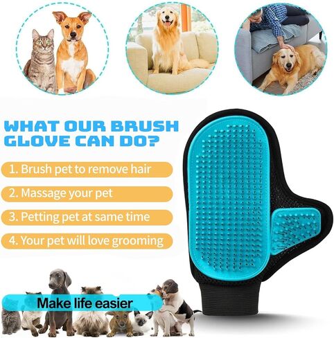 2024 Pet Grooming Glove with Tipped Pin Brush,Special Design Deshedding Glove, Massage Mitt, Perfect Petting Tool for Sensitive Dogs & Cats with Long & Medium Fur - Right-Hand - Blue in Saudi Arabia