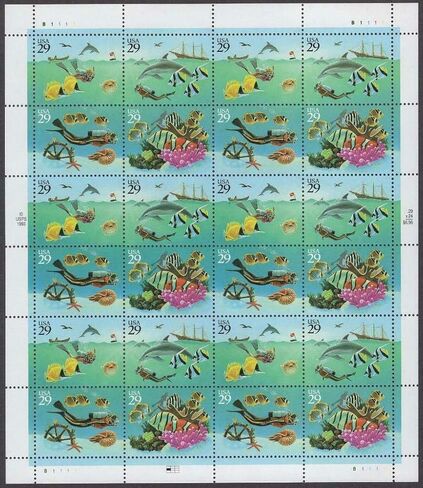 USPS Wonders of The Sea (Motorboat, Ship, Ship's Wheel, Coral)(Sheet of 20) 29 Cent Postage Stamps 1994 Scott #2863-2866 in Saudi Arabia
