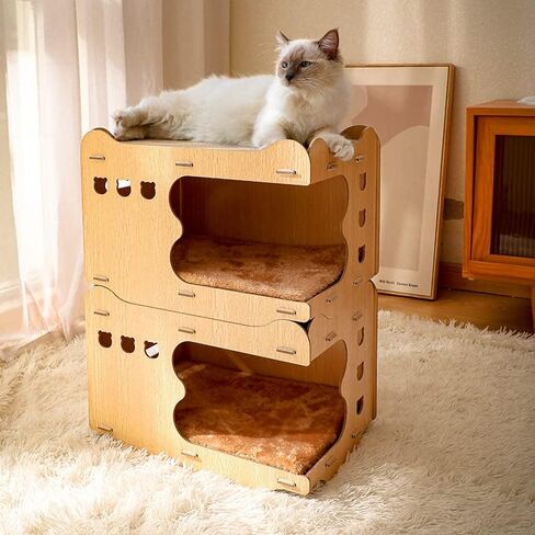 Detachable Wooden Cat House Corrugated Cat Scratch Board, Wear-Resistant Dust Free Vertical Double Layered Cat Nest in Saudi Arabia