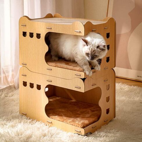 Detachable Wooden Cat House Corrugated Cat Scratch Board, Wear-Resistant Dust Free Vertical Double Layered Cat Nest in Saudi Arabia