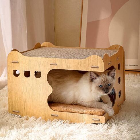 Detachable Wooden Cat House Corrugated Cat Scratch Board, Wear-Resistant Dust Free Vertical Double Layered Cat Nest in Saudi Arabia