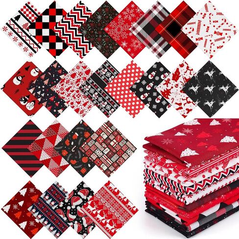 Hicarer 100 Pcs 5 x 5 Inches Christmas Precut Fabric Squares Black Red Cotton Craft Fabric Fat Quarters Snowman Santa Snowflake Fabric Scraps Bundles for Xmas DIY Craft Patchwork Sewing Quilting in Saudi Arabia